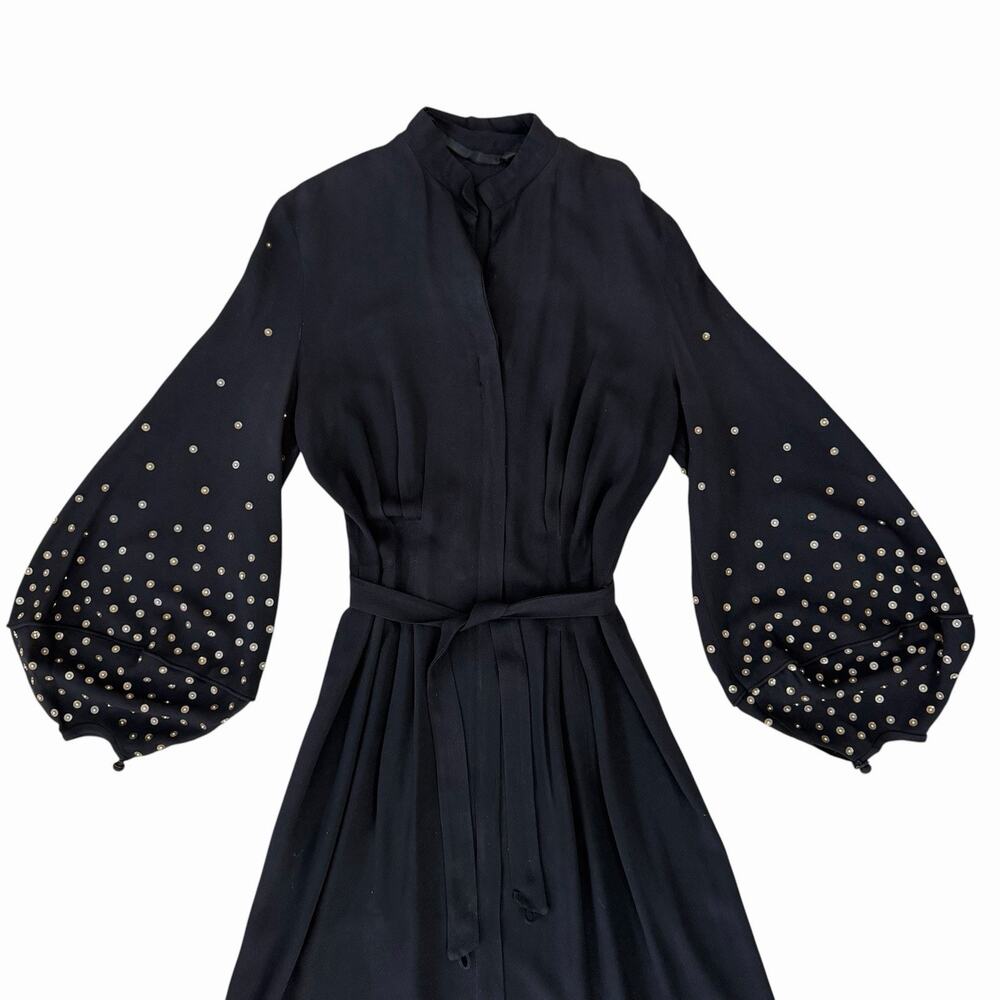 Vintage 1940’s Black Rayon Crepe Dress With Studded Lantern Sleeves, Small